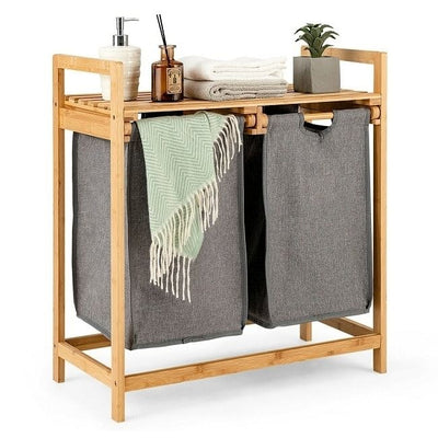 Natural Bamboo 2 Bin Sliding Laundry Hamper with Storage Shelf Yellow Crius