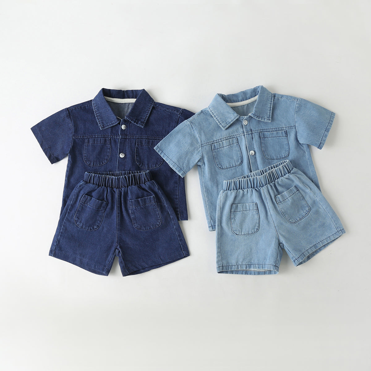 Baby Solid Color Butoon Front Denim Shirt Combo Shorts Sets In Summer Chocolate Lily
