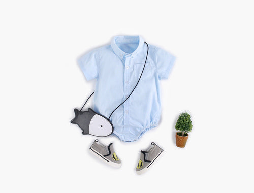 Baby Boy Solid Color Buttoned Shirt With Pockets Short Sleeve Onesies Chocolate Lily