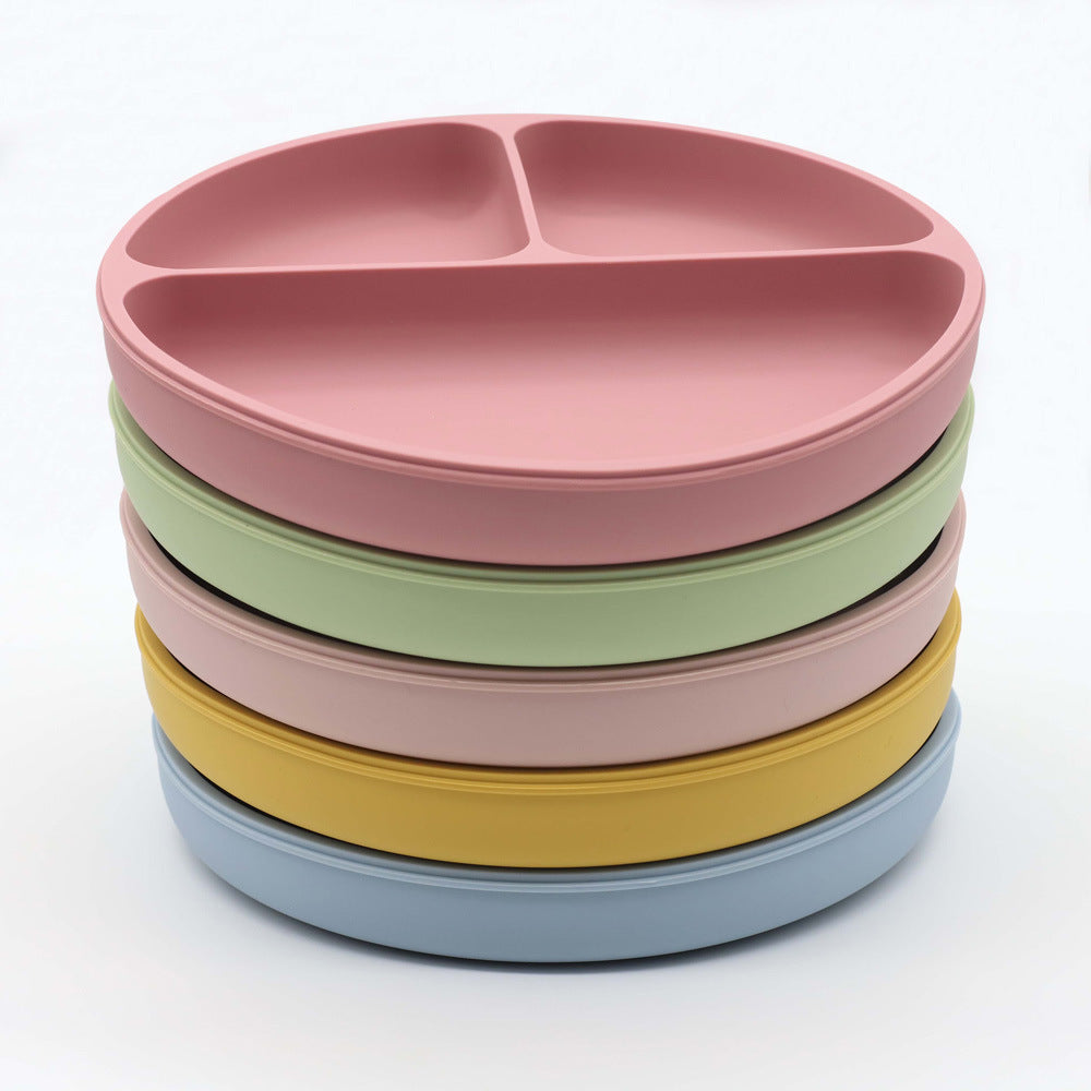 Baby Silicone Round Sucker Compartment Dinner Plate With Spoon Fork Chocolate Lily