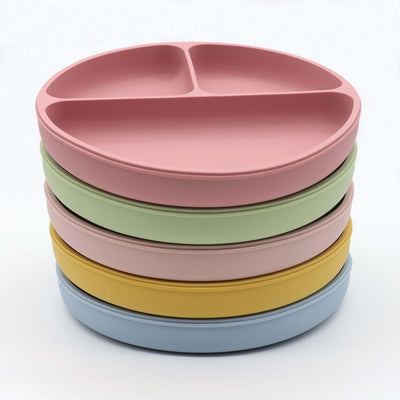Baby Silicone Round Sucker Compartment Dinner Plate With Spoon Fork Chocolate Lily