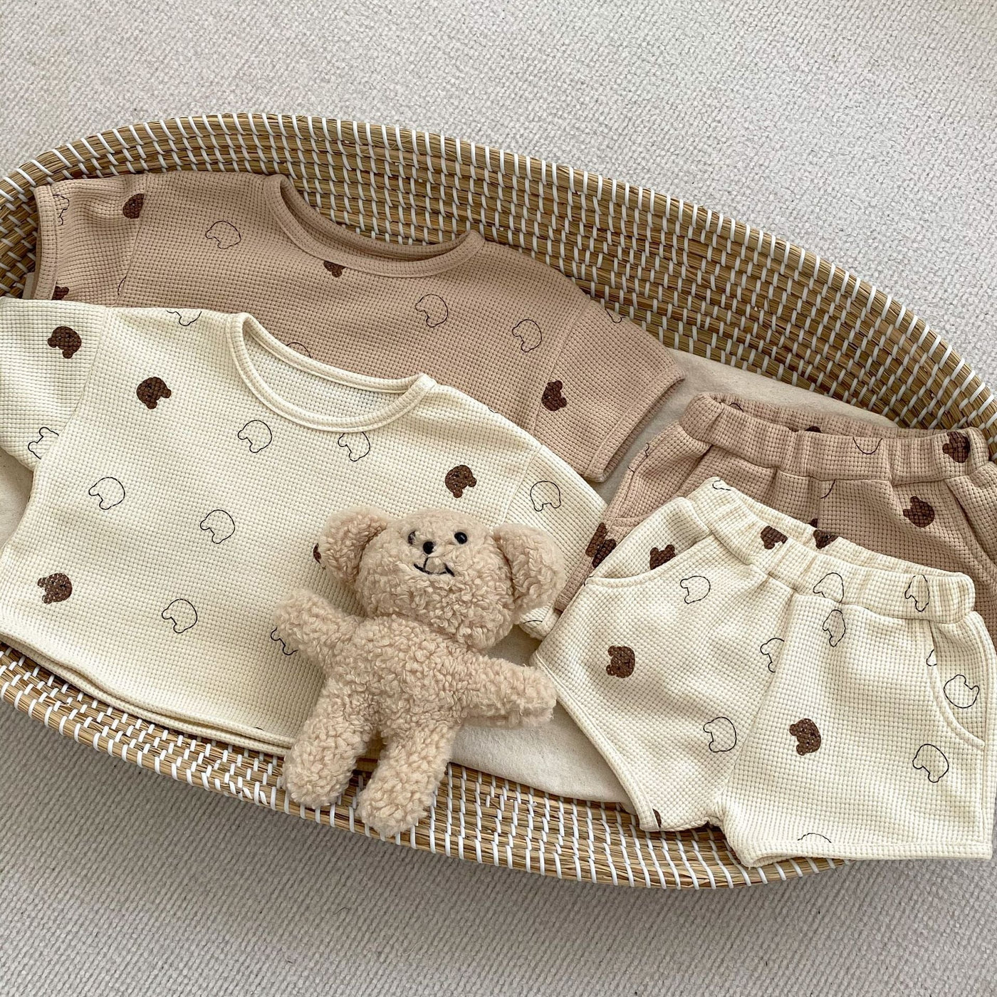 Baby Cartoon Print Pattern Waffle Knitted Fabric Clothing Sets Chocolate Lily