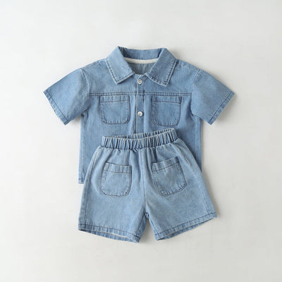Baby Solid Color Butoon Front Denim Shirt Combo Shorts Sets In Summer Chocolate Lily