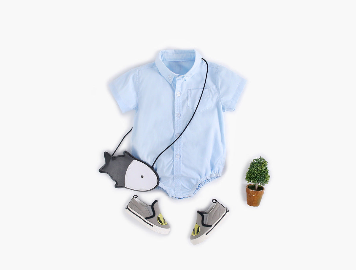 Baby Boy Solid Color Buttoned Shirt With Pockets Short Sleeve Onesies Chocolate Lily
