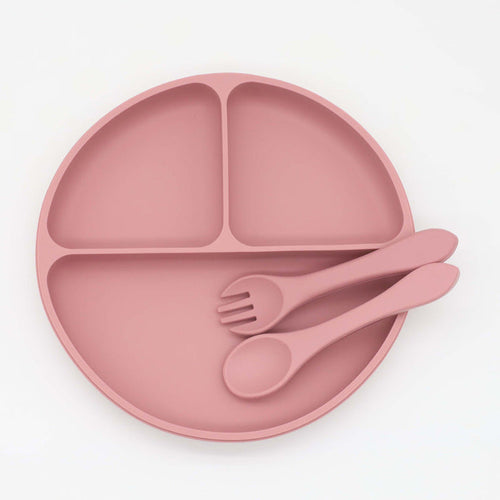 Baby Silicone Round Sucker Compartment Dinner Plate With Spoon Fork Chocolate Lily