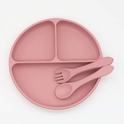 Baby Silicone Round Sucker Compartment Dinner Plate With Spoon Fork Chocolate Lily