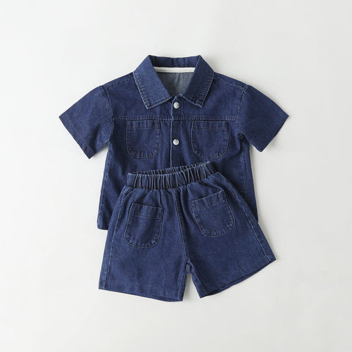 Baby Solid Color Butoon Front Denim Shirt Combo Shorts Sets In Summer Chocolate Lily