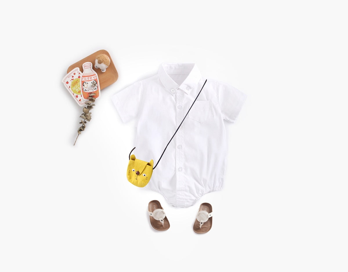 Baby Boy Solid Color Buttoned Shirt With Pockets Short Sleeve Onesies Chocolate Lily