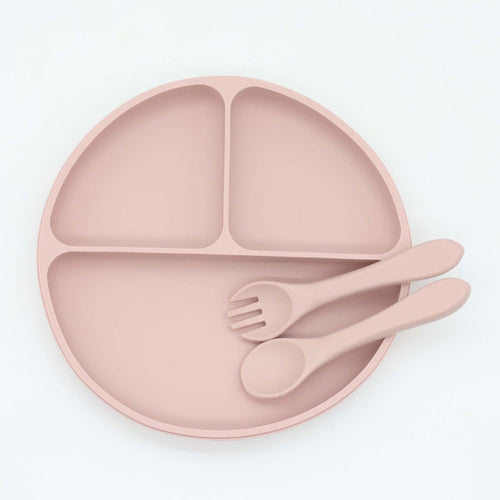 Baby Silicone Round Sucker Compartment Dinner Plate With Spoon Fork Chocolate Lily