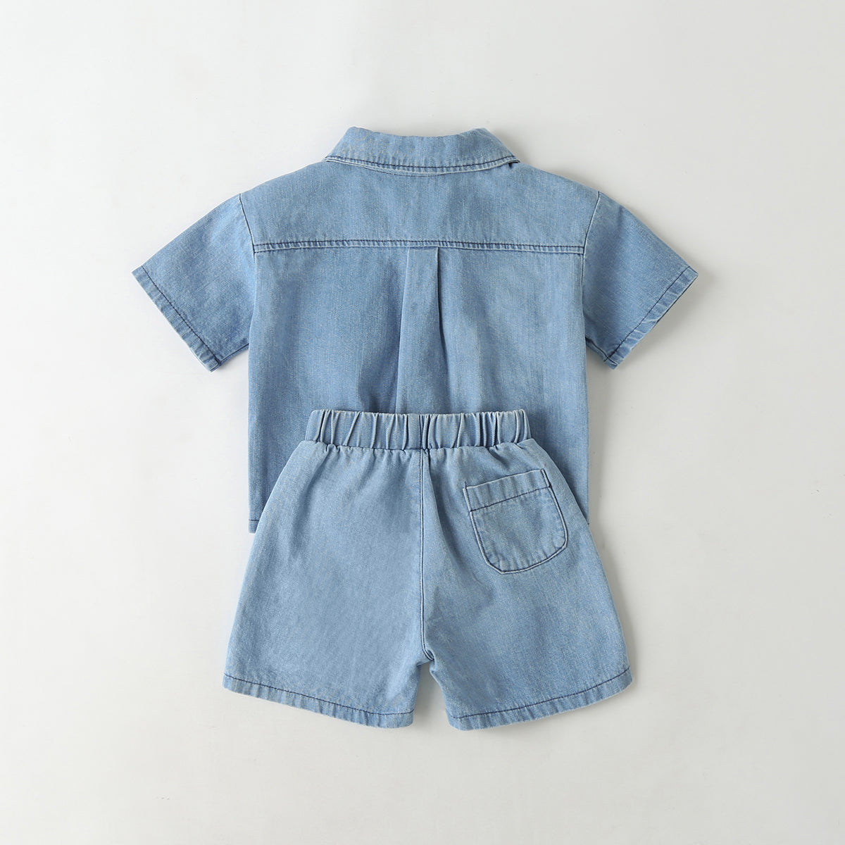 Baby Solid Color Butoon Front Denim Shirt Combo Shorts Sets In Summer Chocolate Lily