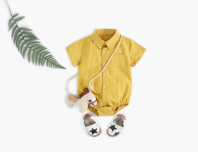 Baby Boy Solid Color Buttoned Shirt With Pockets Short Sleeve Onesies Chocolate Lily