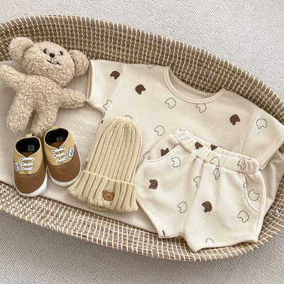 Baby Cartoon Print Pattern Waffle Knitted Fabric Clothing Sets Chocolate Lily
