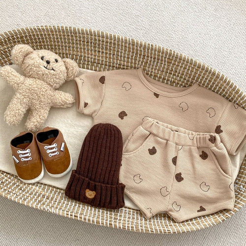 Baby Cartoon Print Pattern Waffle Knitted Fabric Clothing Sets Chocolate Lily