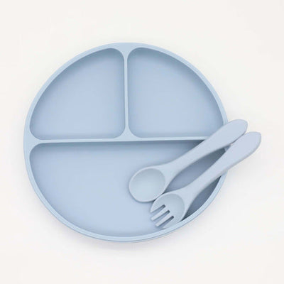 Baby Silicone Round Sucker Compartment Dinner Plate With Spoon Fork Chocolate Lily