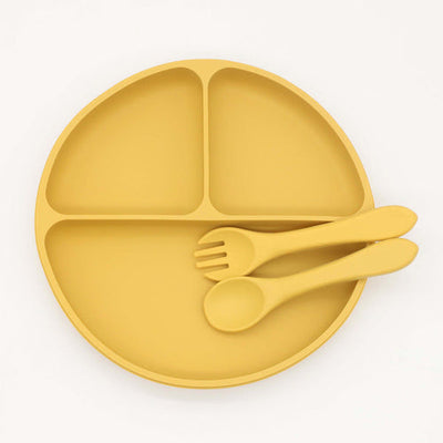 Baby Silicone Round Sucker Compartment Dinner Plate With Spoon Fork Chocolate Lily