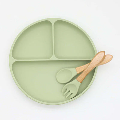 Baby Silicone Round Sucker Compartment Dinner Plate With Spoon Fork Chocolate Lily