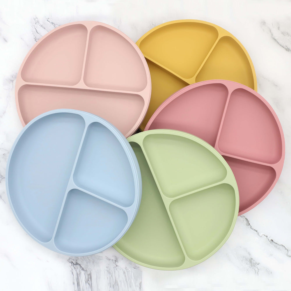 Baby Silicone Round Sucker Compartment Dinner Plate With Spoon Fork Chocolate Lily