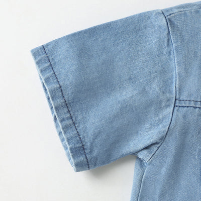 Baby Solid Color Butoon Front Denim Shirt Combo Shorts Sets In Summer Chocolate Lily